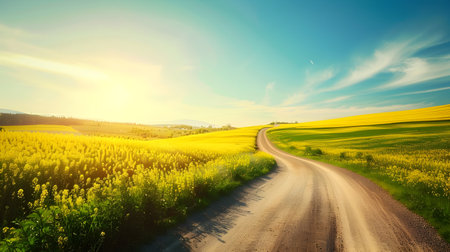 A tranquil dirt road leads through a vibrant canola field, awash in yellow and green hues The blue sky above, dotted with clouds, enhances the pastoral setting The sun casts a warm glow on the scene,の素材