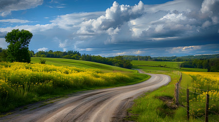 A winding country road leads through rolling green hills and fields of yellow flowers, with dramatic clouds in the sky above The scene is serene and picturesque, evoking feelings of peace andの素材