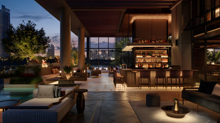 A lively and contemporary urban eatery boasting a convivial dining bar, a cozy lounge area, and an inviting terrace with stunning city skyline views The atmosphere is warm and welcoming, making it anの素材