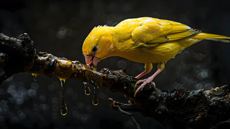 A lively yellow canary perches on an old tree branch, its beak glistening with honey The bird, in sharp focus, appears as if illuminated by studio lighting against a dark background The imageの素材