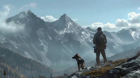 A thoughtfully composed image showcasing a determined hunter, accompanied by their loyal dog, standing atop a mountain They both gaze into the distance, taking in the breathtaking view of snow-cappedの素材