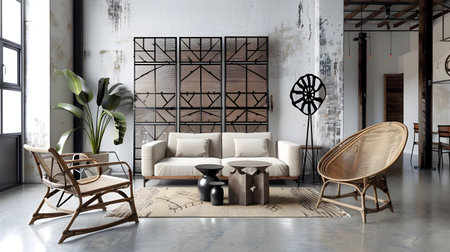 This stylish and modern living room boasts an industrial chic design, featuring distressed white walls, concrete flooring, and wooden furniture A large wall art display showcases intricate geometricの素材