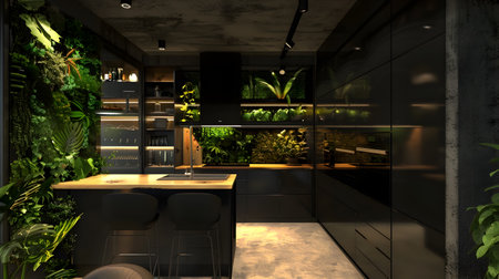 This kitchen exudes modernity and elegance with its dark cabinetry and ambient lighting technology The unique vertical garden backdrop adds a touch of nature, while the minimalist decor enhances theの素材