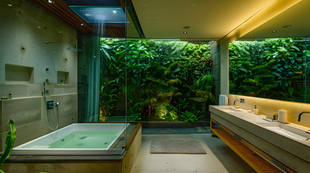 This stylish and eco-friendly bathroom boasts a vertical garden backdrop, a large freestanding tub, and modern double sinks The open ceiling allows a glimpse of the jungle outside, while ambientの素材