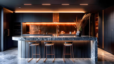 This sleek, dark kitchen boasts a marble-topped island, copper barstools, and an LED strip light that casts a cozy glow A large abstract artwork adorns one wall, adding character to the space Theの素材