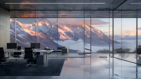 A spacious, contemporary office with glass walls offers a breathtaking view of a grand mountain range at sunset The expansive wall mural captures the natural beauty of the Alps, casting a warm glowの素材