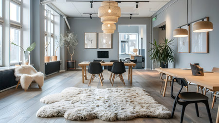 This inviting Scandinavian-style office space boasts natural wood furniture, a sheepskin rug, gray walls, and soft lighting, creating an atmosphere conducive to creative work The room features modernの素材