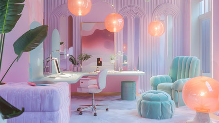 This home office showcases a pastel color palette with soft pink and blue hues, creating a dreamy, inspiring space for creatives The retrofuturism style features modern furniture, large mirrors, andの素材