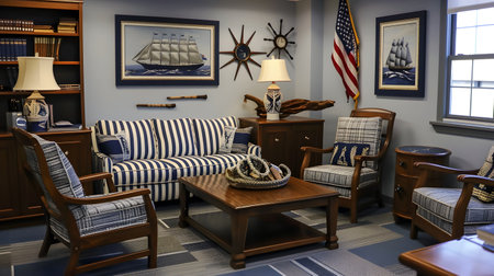This serene maritime-inspired office showcases a nautical theme with teak furnishings and navy-and-white striped seating The space is adorned with clusters of driftwood, completing the coastal charmの素材