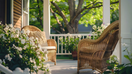 Experience the charm of a front porch adorned with cozy wicker chairs and an abundance of white flowers, basking in the warm, inviting sunlight of a summer day This idyllic scene evokes a sense ofの素材