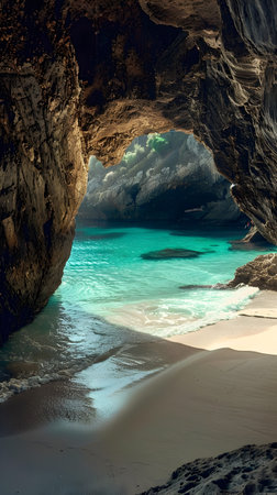 A magical and serene photography of a concealed beach inside an ancient cave, showcasing the beauty of the turquoise sea gently crashing against the white sandy shore The rock walls form arches thatの素材