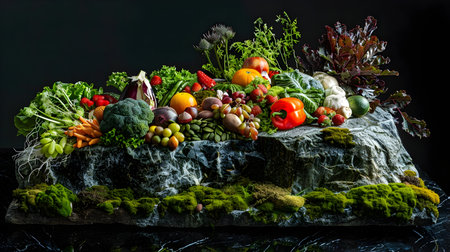 This captivating half-body presentation showcases a lively arrangement of fresh fruits, vibrant vegetables, and delectable nuts nestled on a moss-covered stone slab The professional photographyの素材