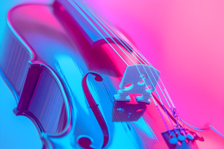 This close-up image features an electric violin in a stunning pink and blue neon light setting The vibrant colors create a dreamy and serene atmosphere, perfect for evoking a feeling of calmness andの素材