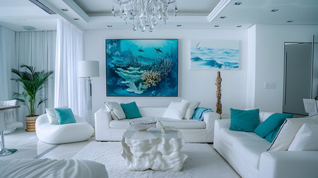 A spacious and inviting living room boasts vibrant turquoise cushions and a fascinating abstract painting depicting an underwater scene Sleek white furniture pieces and a dazzling chandelier-styleの素材