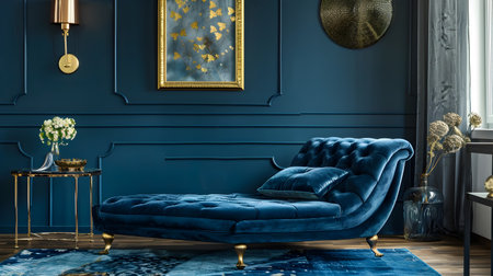 This living room exudes a deep sense of style with its blue textured wall, sumptuous blue chaise lounge, and warm gold accent lighting The impressive decor and comfortable furnishings create anの素材