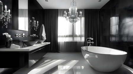 Sumptuous monochrome bathroom featuring a freestanding tub, modern vessel sink vanity, and an ebony and crystal chandelier. photography with intricate details, bright lighting, and dramatic shadows.の素材