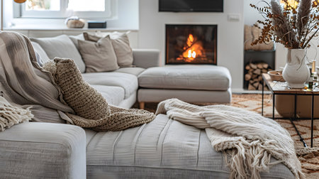 This image showcases a warm and inviting living room with a crackling fireplace at the center. The space is adorned with plush, textured furnishings, including a comfortable sofa, cozy throwの素材