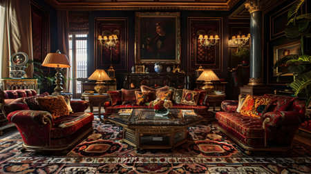 This image depicts a lavishly furnished and ornately decorated drawing room in a historical manor house or palace. The room features high ceilings, intricate wood paneling, and an abundance ofの素材