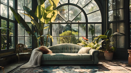 This image depicts a cozy and inviting indoor greenhouse setting, offering a serene and tranquil escape from the outside world. The lush greenery, natural light, and comfortable furnishings create aの素材