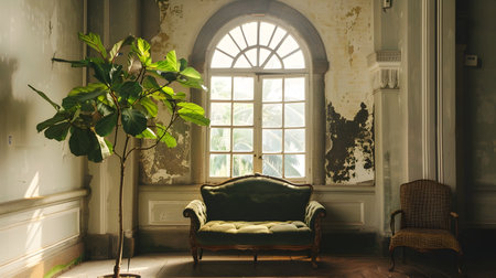 The image depicts a dimly lit, dilapidated interior space with peeling walls and a large arched window. An antique, ornately-carved sofa sits in the center, its faded upholstery and weathered woodの素材