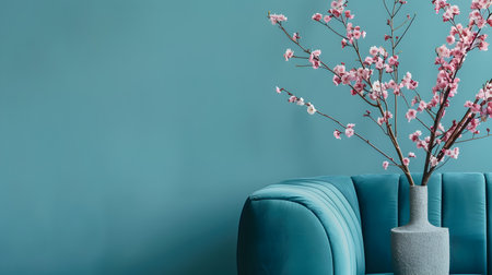 This image showcases a beautifully designed living room with a plush, comfortable couch and a vase of delicate pink blossoms on a side table. The minimalist yet elegant d?cor creates a serene andの素材