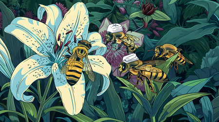 A close up image showcasing a stunning yellow lily flower surrounded by lush green foliage Several busy bees are seen pollinating the flower highlighting the symbiotic relationship between flora andの素材