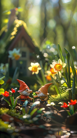This enchanting image depicts a magical garden scene where a pair of diminutive gnome figurines sit amongst a lush array of colorful flowers verdant foliage and soft dappled sunlight The whimsicalの素材