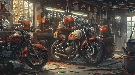This image depicts a cluttered but intriguing vintage motorcycle garage workshop Numerous classic and antique motorcycles along with an assortment of tools parts and equipment fill the dimly lit butの素材
