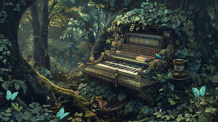 A grand piano sits abandoned and overgrown in the heart of a lush verdant forest Vines and moss crawl over the weathered wooden frame blending the instrument seamlessly into the surrounding foliageの素材