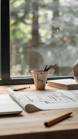 This image captures a serene and thoughtfully arranged workspace situated in front of a large window that offers a picturesque view of a lush forest landscape The desk is neatly organized withの素材