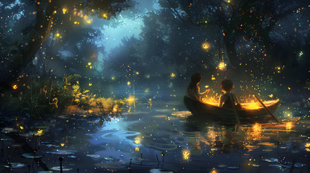 This captivating image depicts a serene fantastical nighttime scene A small boat drifts peacefully on a tranquil river its reflection shimmering in the water s surface The night sky is filled with aの素材