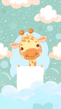 A charming and whimsical of a cute baby giraffe peeking out from a fluffy cloud against a bright pastel blue sky The giraffe has a friendly smiling expression and a playful cheerful vibe This imageの素材