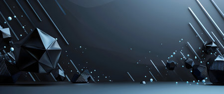This image depicts a futuristic dark and abstract digital art design featuring a dynamic composition of glowing low poly 3D shapes geometric patterns and shimmering particles against a blackish blueの素材
