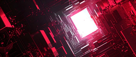 This visually stunning image depicts a futuristic abstract landscape filled with a glowing neon lit digital corridor The corridor appears to lead into a mesmerizing dimensional portal or vortexの素材