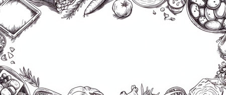 This image depicts a whimsical doodle style border design inspired by the Jewish holiday of Passover The border features a variety of organic hand drawn elements such as fruits vegetables and otherの素材