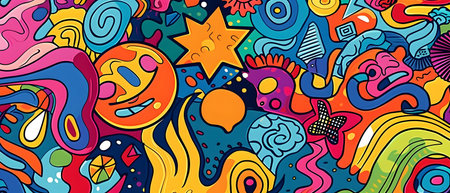 This image depicts a captivating doodle style print border design brimming with a lively and joyful carnival inspired aesthetic The composition features a vibrant array of colorful abstract andの素材