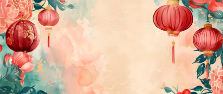 This vibrant and colorful Chinese New Year background features a watercolor style doodle print border design with various auspicious elements like peonies lanterns and a sturgeon The center of theの素材