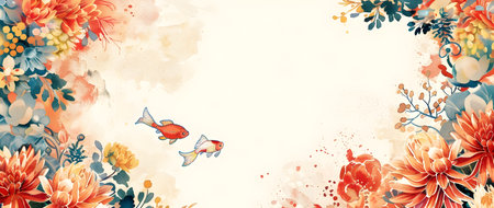 This image depicts a vibrant watercolor style border design that could be used as a background for Chinese New Year or other festive The design features elements like gold fish chrysanthemum flowersの素材