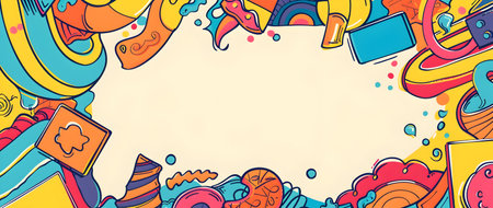 This vibrant whimsical image features a playful doodle style border design in a variety of bright cheerful colors The design includes playful elements like colorful jump ropes building blocks andの素材