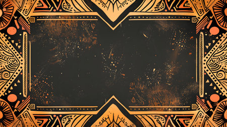 This image features a minimalist doodle style border design with a blank central space set against a backdrop of abstract African mud cloth patterns in earthy tones of sienna ochre and khaki Theの素材