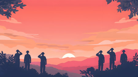 This image depicts a minimalist and serene Memorial Day background design It showcases the silhouettes of several honorable citizens saluting against the backdrop of a glorious sunset The colorの素材