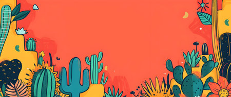 This vibrant doodle style border design is perfect for Hispanic Heritage Month It features a playful mix of cultural symbols like Frida Kahlo portraits cacti and festive piatas all in a bold redの素材