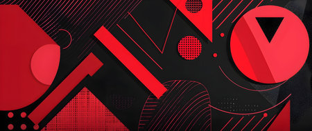 This is a striking and contemporary digital featuring an alluring geometric abstract composition in bold red and black colors The design elements include interlocking angular shapes minimalisticの素材