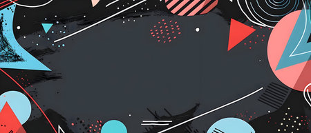 This image features a dynamic and captivating abstract design composed of various geometric shapes including triangles circles and curved lines in a vibrant color palette of red black and metallicの素材