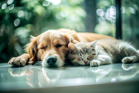 Adorable golden retriever dog and fluffy cat peacefully sleeping together on the floor, exemplifying harmony and friendship between pets.の素材