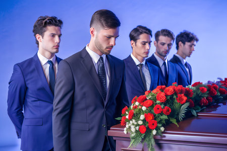 Group of men in formal attire, standing in solemn respect in front of a coffin adorned with red roses, symbolizing a funeral or memorial service.の素材