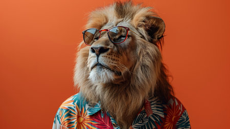 A vibrant and playful digital showcasing a lion wearing stylish sunglasses  This whimsical and charming animal portrait captures the feline s confident and charismatic expressionの素材