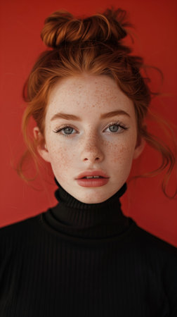 Captivating portrait of a young beautiful redheaded woman posing against a vibrant red backdrop showcasing her striking features natural freckles and magnetic gazeの素材
