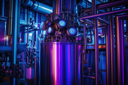 Futuristic High Tech Industrial Machine with Glowing Pipes and Valves  A complex and intricate industrial equipment with numerous pipes tubes valvesの素材