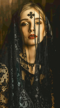 Enigmatic Woman in Veiled Headdress   Captivating Mystical Portraiture Depicting an Alluring Emotive Feminine Figure Shrouded in Mystery and Introspectionの素材